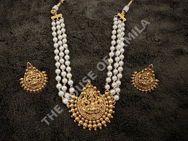 Traditional Lakshmi Temple Pendant Pearl Necklace