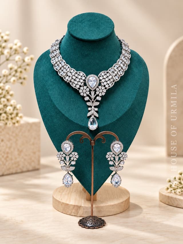ISHANVI — CZ Floral Drop Diamond Look Necklace Set