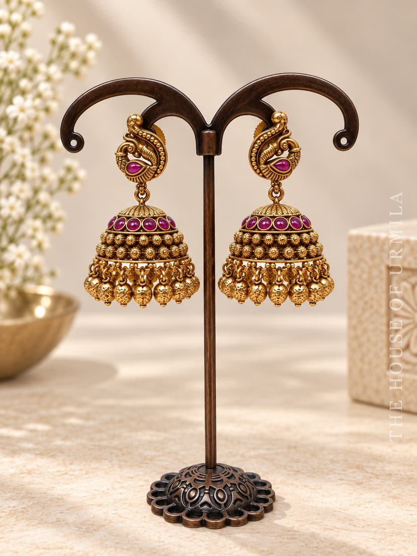 MAYURA — Antique Peacock Crest Jhumka Earrings