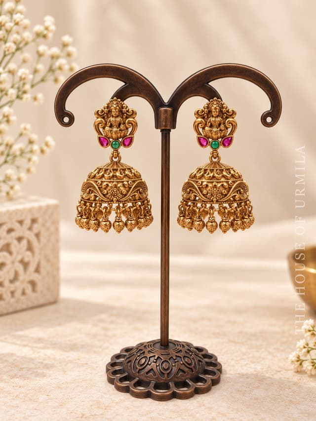 NEELIMA — Peacock Motif Ruby Jhumka Earrings